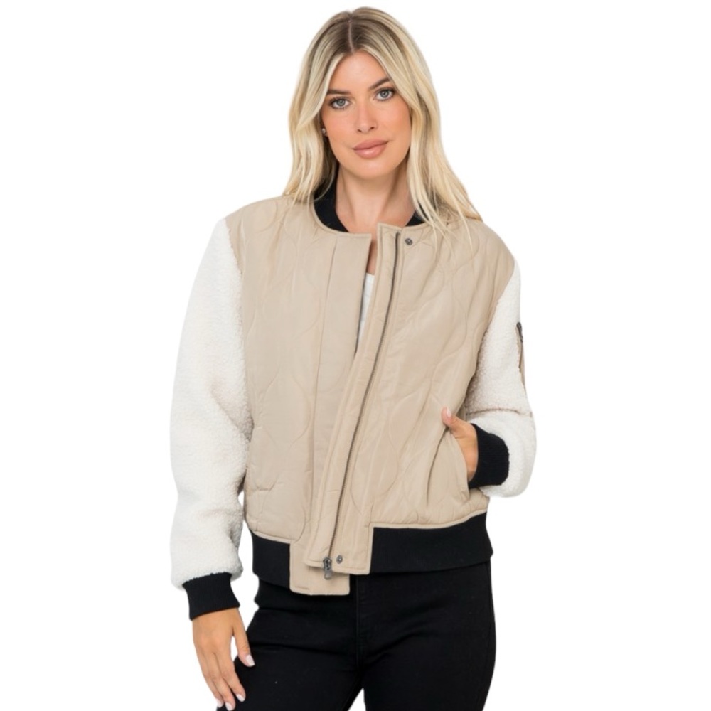 Women’s Taupe Quilted Bomber Jacket W/ Sherpa Sleeve NWT